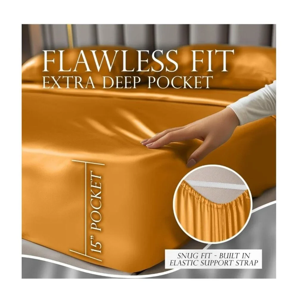 Decolure Satin Bed Sheet‎ Set Gold Full Size 15